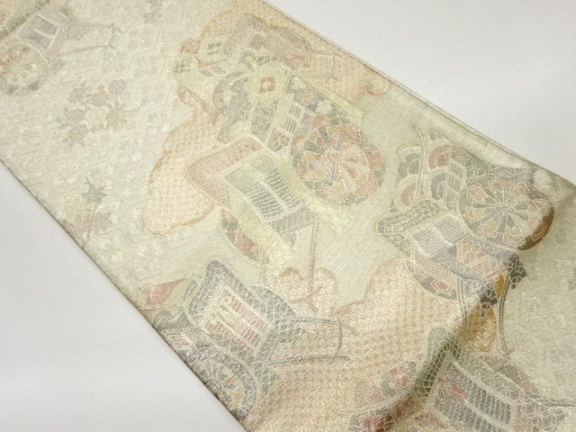 JAPANESE KIMONO / VINTAGE FUKURO OBI / SAGANISHIKI / WOVEN CARRIAGE & FLOWERS